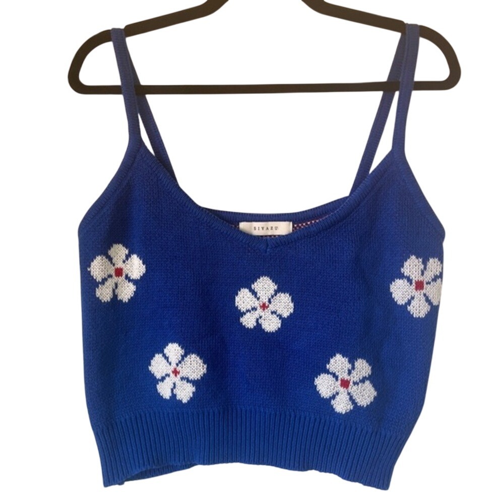 Knit Cropped Sweater Tank Cami Flowers Bright Blue 90s Y2K Sz Small
